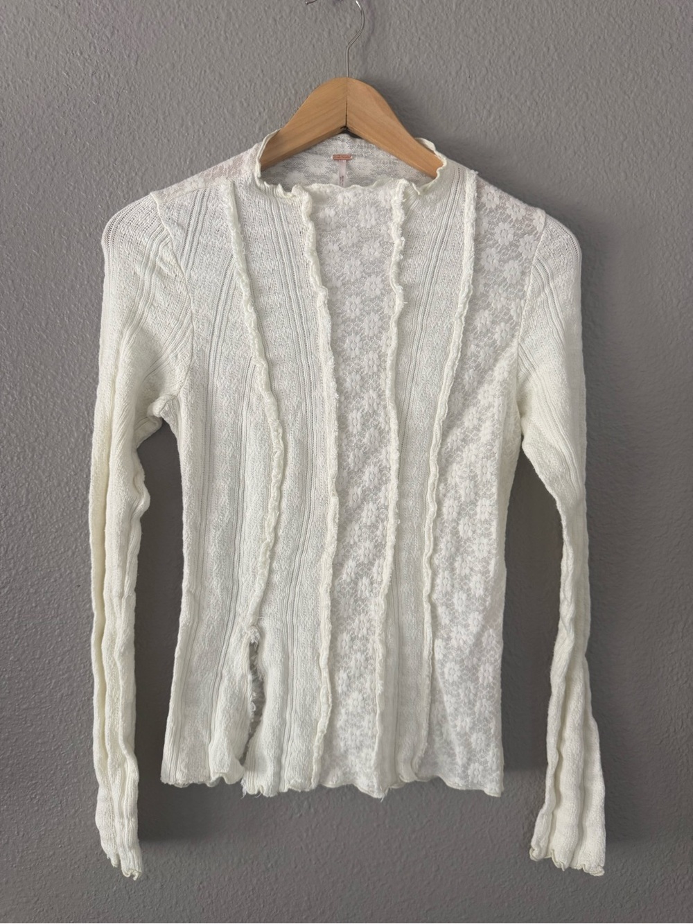Free People Ivory Floral Lace Patchwork Mock Neck Long Sleeve Layering Top S